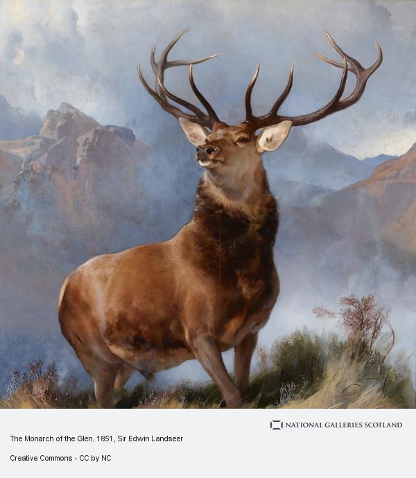Sir Edwin Landseer, The Monarch of the Glen, 1851. Purchased by the National Galleries of Scotland as a part gift from Diageo Scotland Ltd, with contributions from the Heritage Lottery Fund, Dunard Fund, the Art Fund, the William Jacob Bequest, the Tam O’ Shanter Trust, the Turtleton Trust, and the K. T. Wiedemann Foundation, Inc. and through public appeal 2017.
