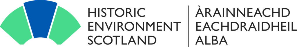 Logo with blue and green arch and black text in capitals