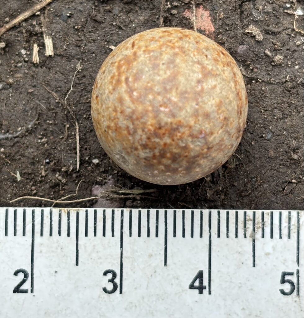 A round brown marble sits on the earth. At the bottom is a white ruler to show the size of the marble.