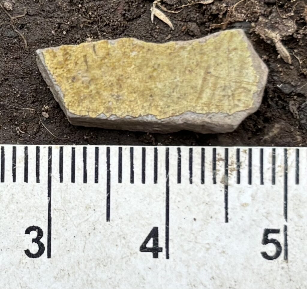 A yellowy green piece of pottery is lying on the ground. It has some markings on and the pottery is a pale grey. Underneath the piece of pottery is a white ruler to show how big it is.