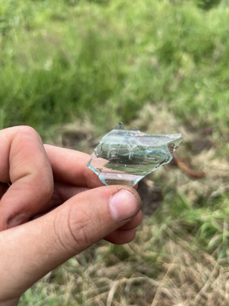 A hand is holding a small piece of broken aqua coloured glass, with the letters 'JEYES' on it. The background is out of focus grass.