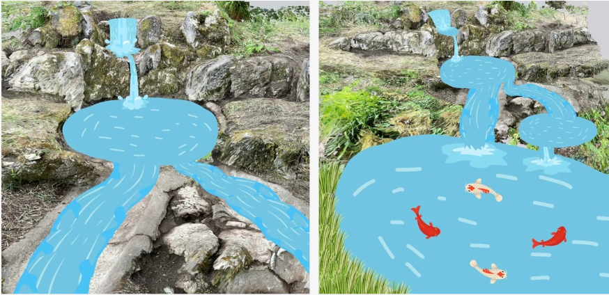 These pictures show a 3D model of the rocks, with a drawing on top of them. The drawing is blue showing water going down a waterfall and into a pond. On the right there are four carp swimming in the pool, they are white and red.