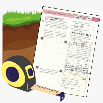 This is an illustration of a piece of paper 'layer record form', soil and grass and a measuring tape.