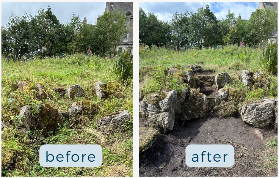 These images are captioned 'before' and 'after'. The first picture showes rocks overgrown with moss and grass and plants. The picture on the right shows the same rocks but a lot of the plants have been removed, with soil underneath.