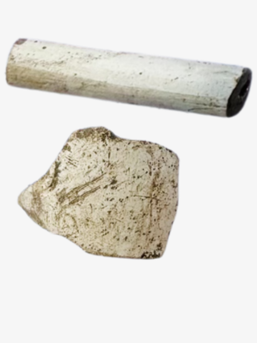 There are two creamy white objects. One is long, thin and cylindrical, with a hole in one end. The other has dirt, scratches and marks and is an uneven shape.