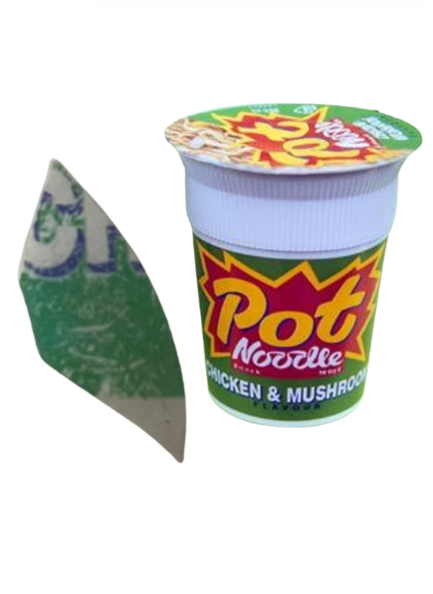 A close up of a piece of green, white and blue plastic, as well as a picture of pot noodle cup shaped packaging in green, white, red and yellow.