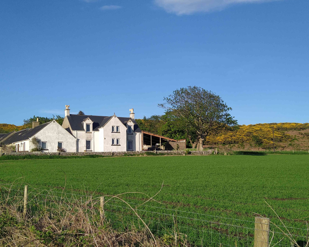 A field and farm house in the background